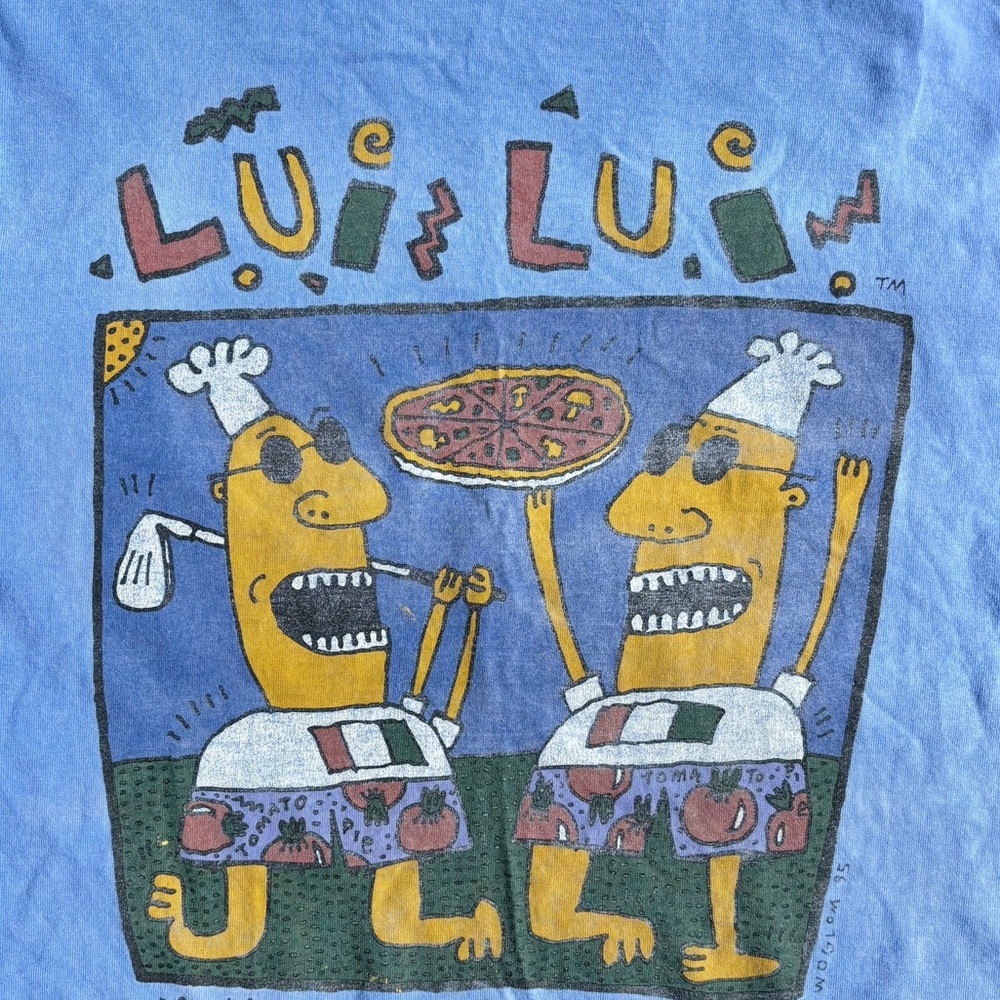 1995 Woglom Big Hed Designs Trashed Lui Lui Pizza TShirt Nashua NH Half Shirt